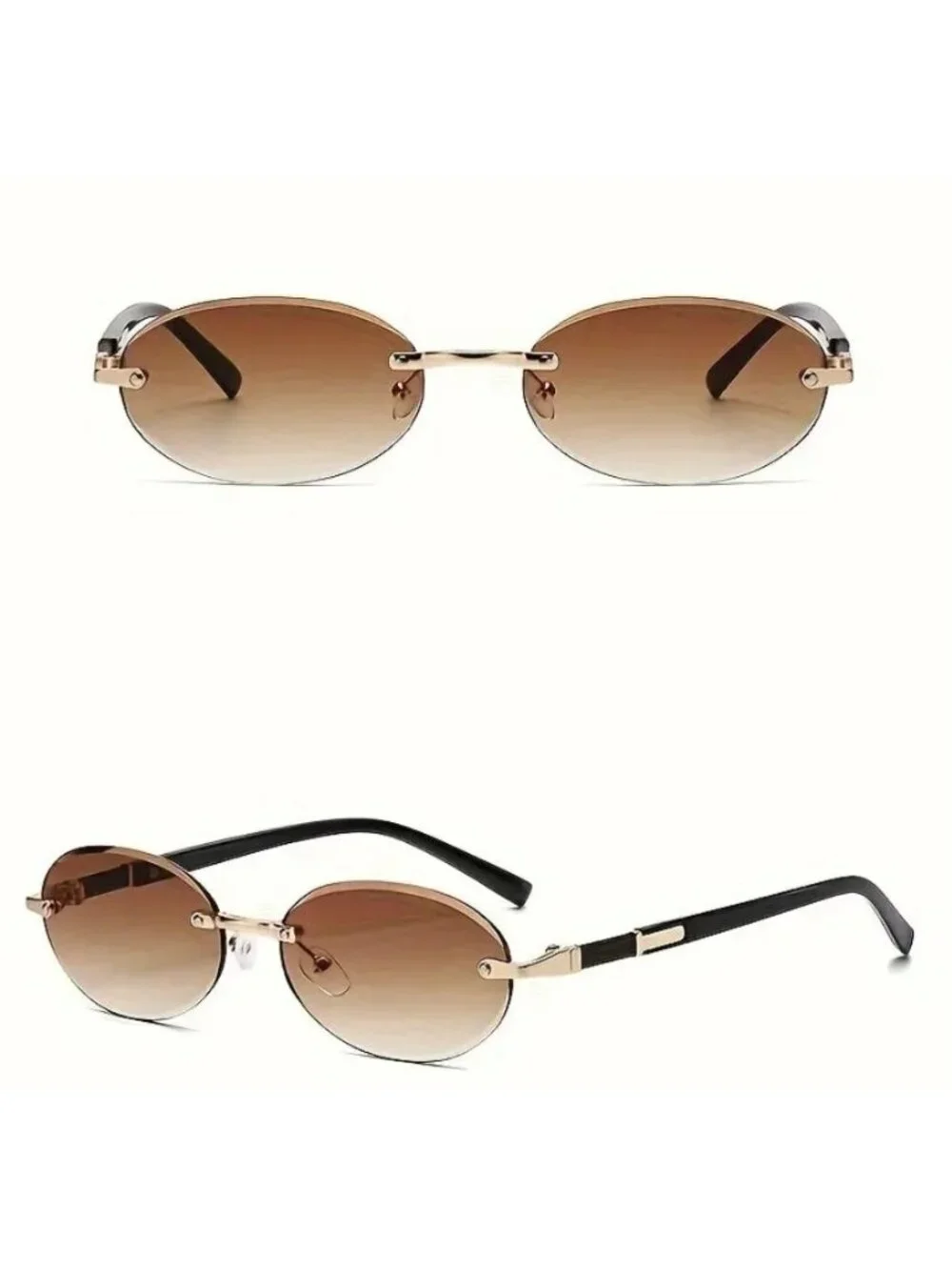 Oval Rimless Brown Lens Sunglasses With Gold & Black Metal Frame